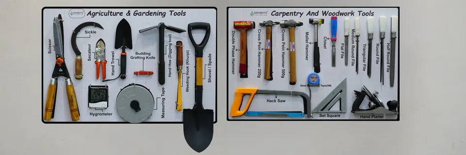 Two tool wall boards: agriculture and gardening tools, and carpentry and woodwork tools, each in an outlined place