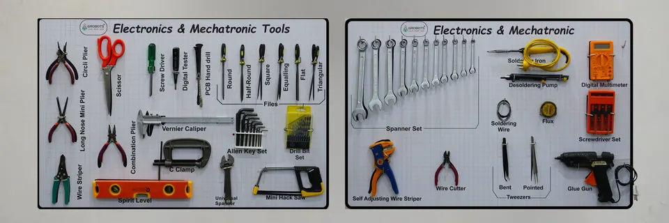 Two tool wall boards with electronics and mechatronics hand tools